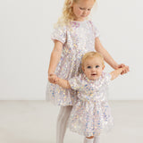 Silver sequin dress for children, short sleeves and A-line skirt