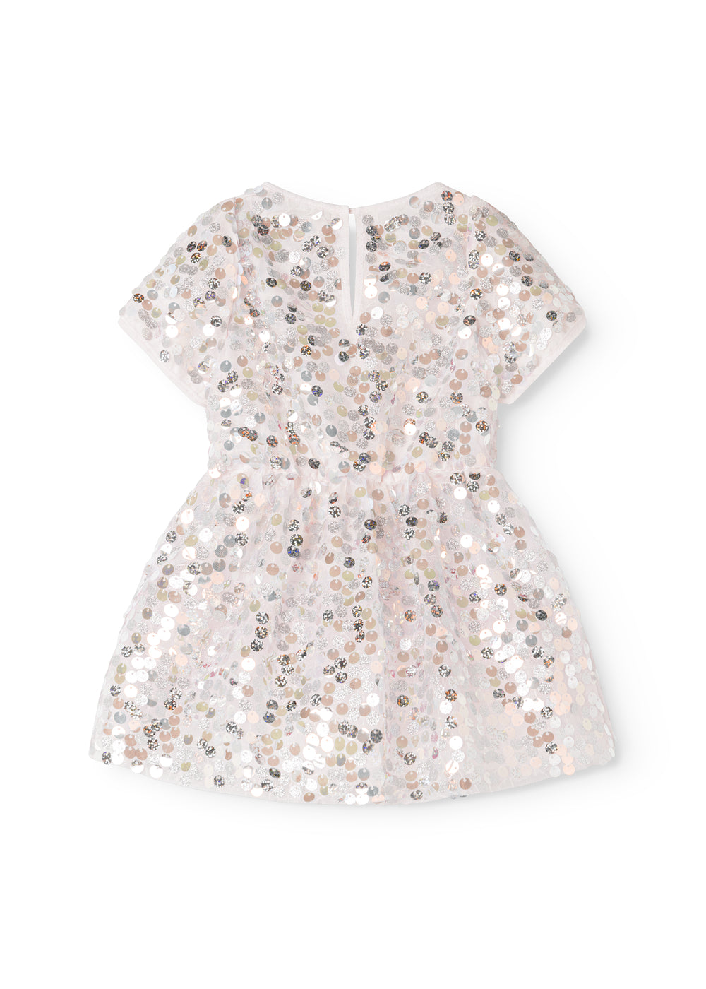 Silver sequin dress with A-line skirt and short sleeves