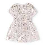 Silver sequin dress with A-line skirt and short sleeves