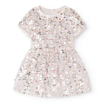 Silver sequin dress with short sleeves and round neckline