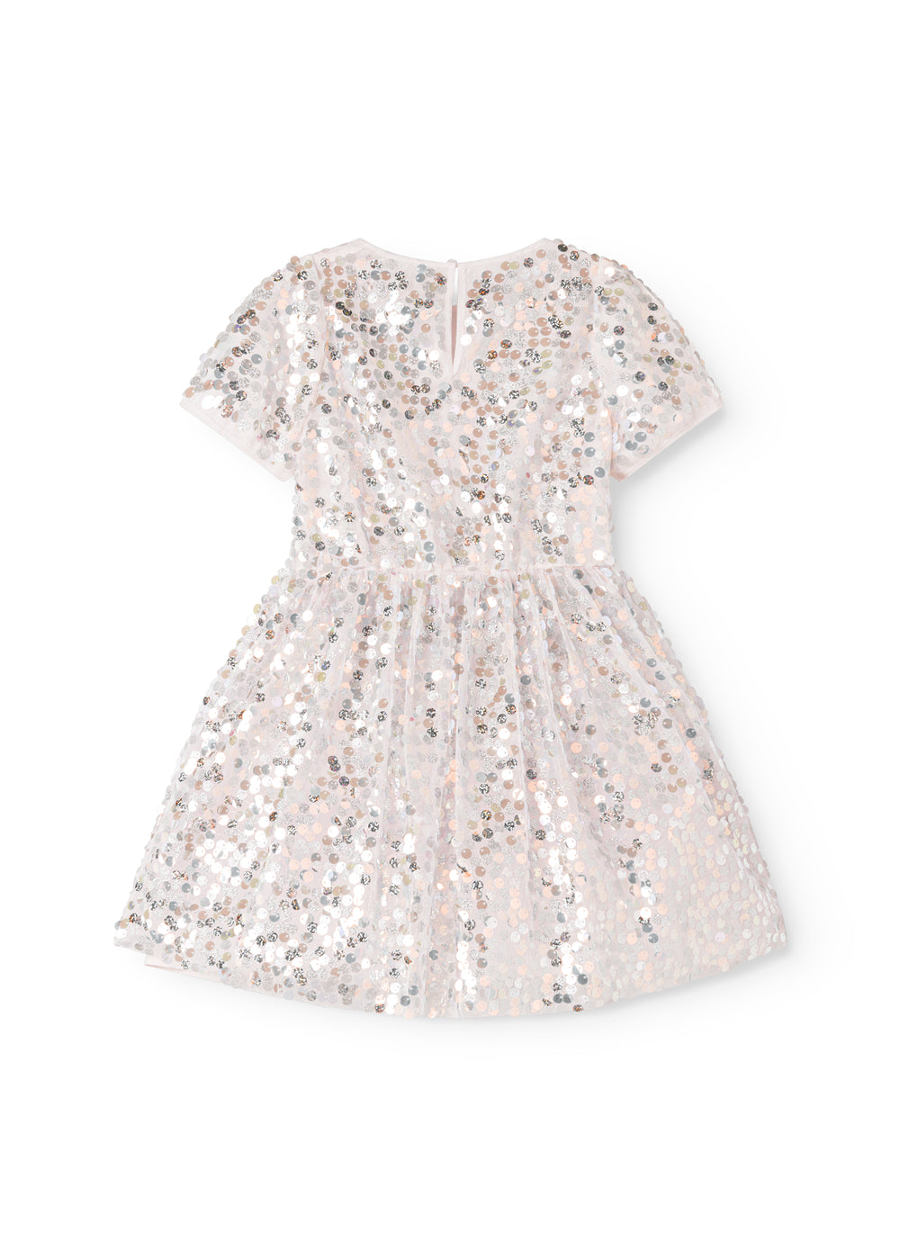 Short-sleeved dress with silver sequins and a light skirt, round neckline.