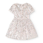 Short-sleeved dress with silver sequins and a light skirt, round neckline.