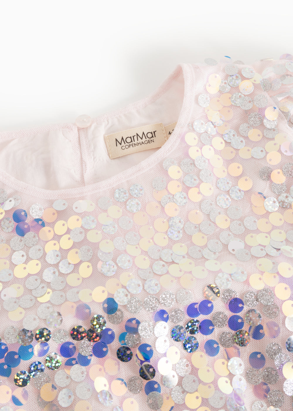 Short-sleeved dress with round neckline in silver sequins and visible brand label.