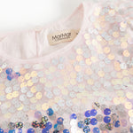 Short-sleeved dress with round neckline in silver sequins and visible brand label.