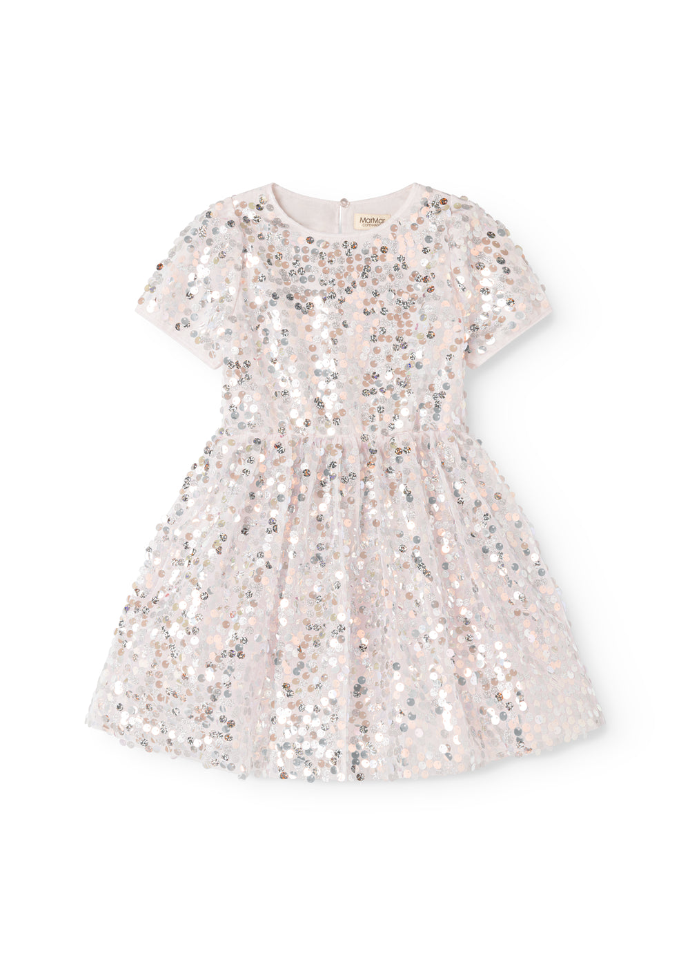 Short-sleeved dress with silver sequins, round neckline, and glittering skirt.