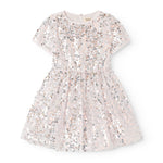 Short-sleeved dress with silver sequins, round neckline, and glittering skirt.