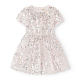 Short-sleeved dress with silver sequins, round neckline, and glittering skirt.