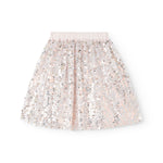 silver-colored sequin skirt with elastic waistband
