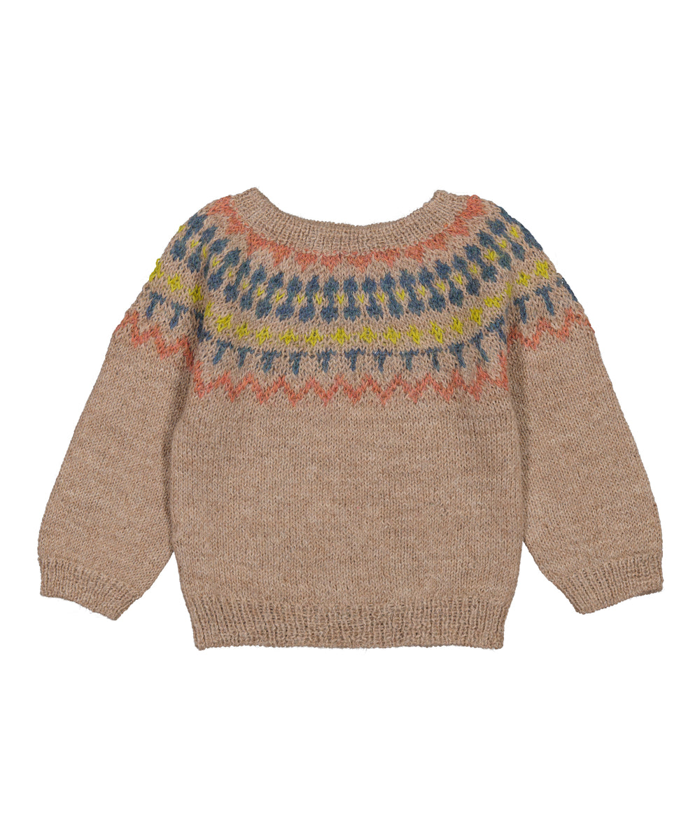 Beige uldstrikbluse til baby med farvet mønster ved halsen