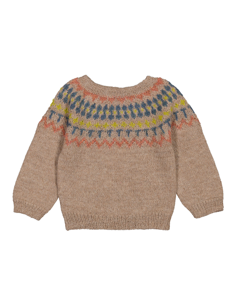 Beige uldstrikbluse til baby med farvet mønster ved halsen