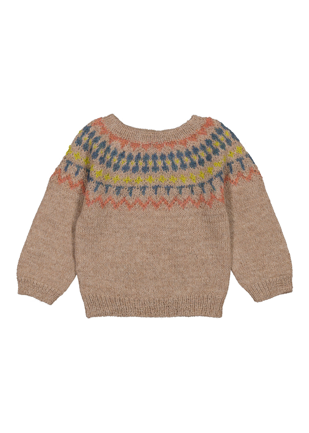 Beige uldstrikbluse til baby med farvet mønster ved halsen