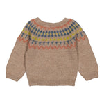 Beige uldstrikbluse til baby med farvet mønster ved halsen