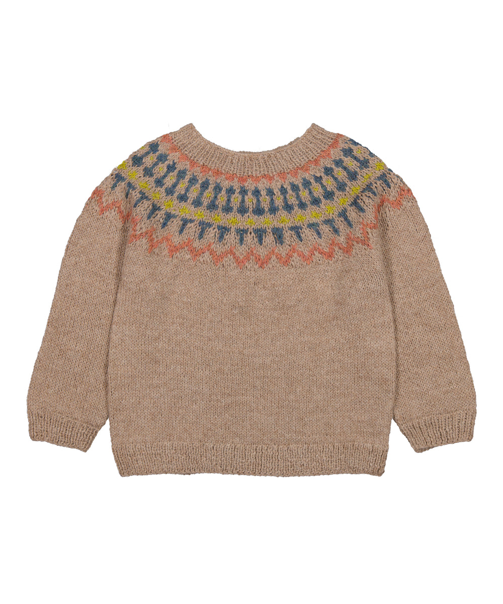 Beige uldstrikbluse til børn med farvet mønster ved halsen