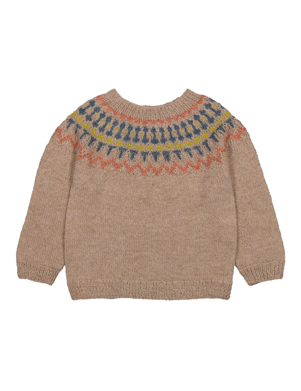 Beige uldstrikbluse til børn med farvet mønster ved halsen