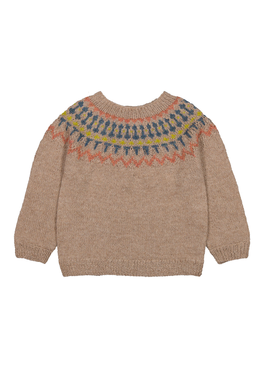 Beige uldstrikbluse til børn med farvet mønster ved halsen