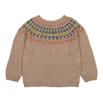 Beige uldstrikbluse til børn med farvet mønster ved halsen