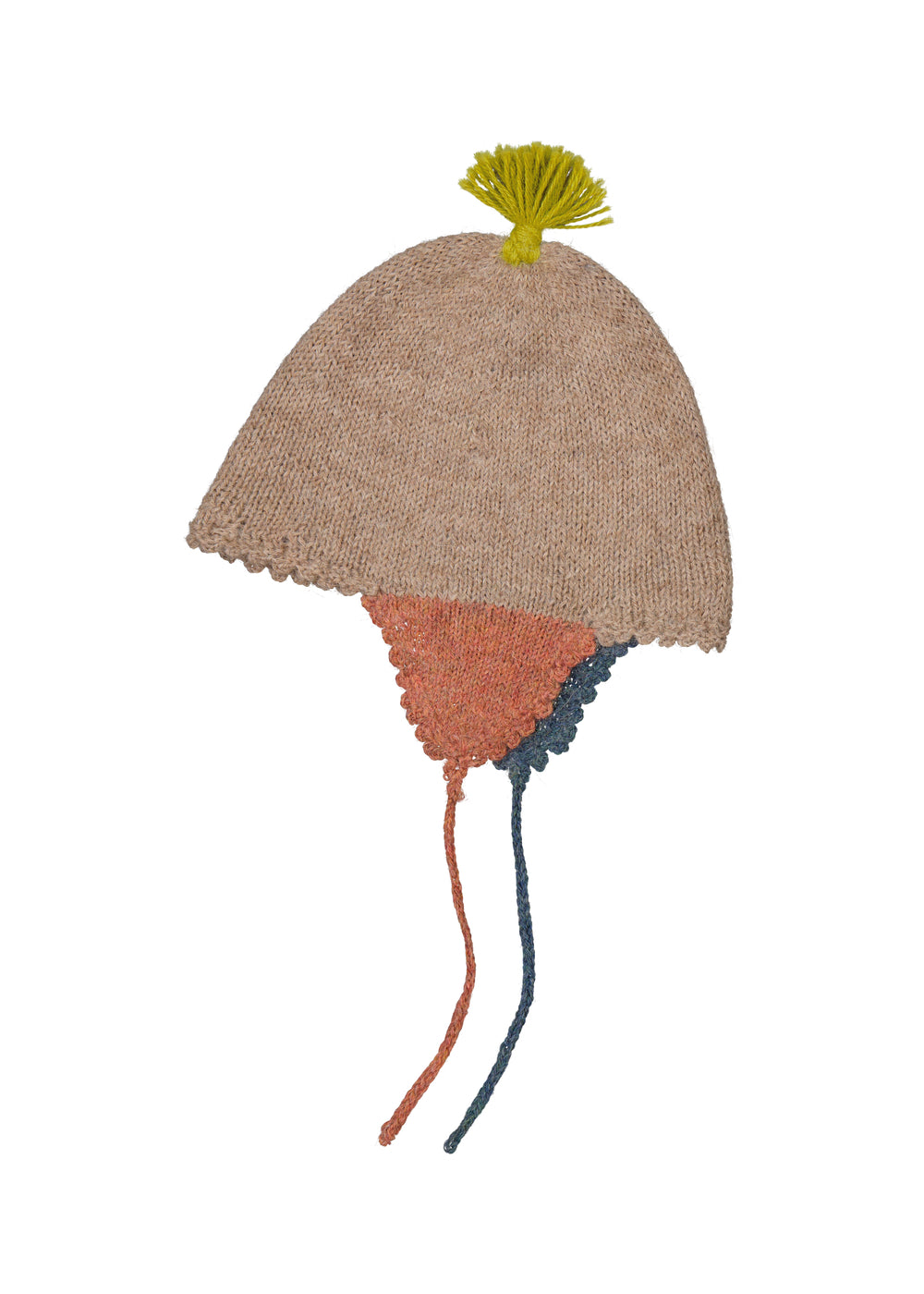 Uldhue til baby i beige med grøn kvast og bindebånd