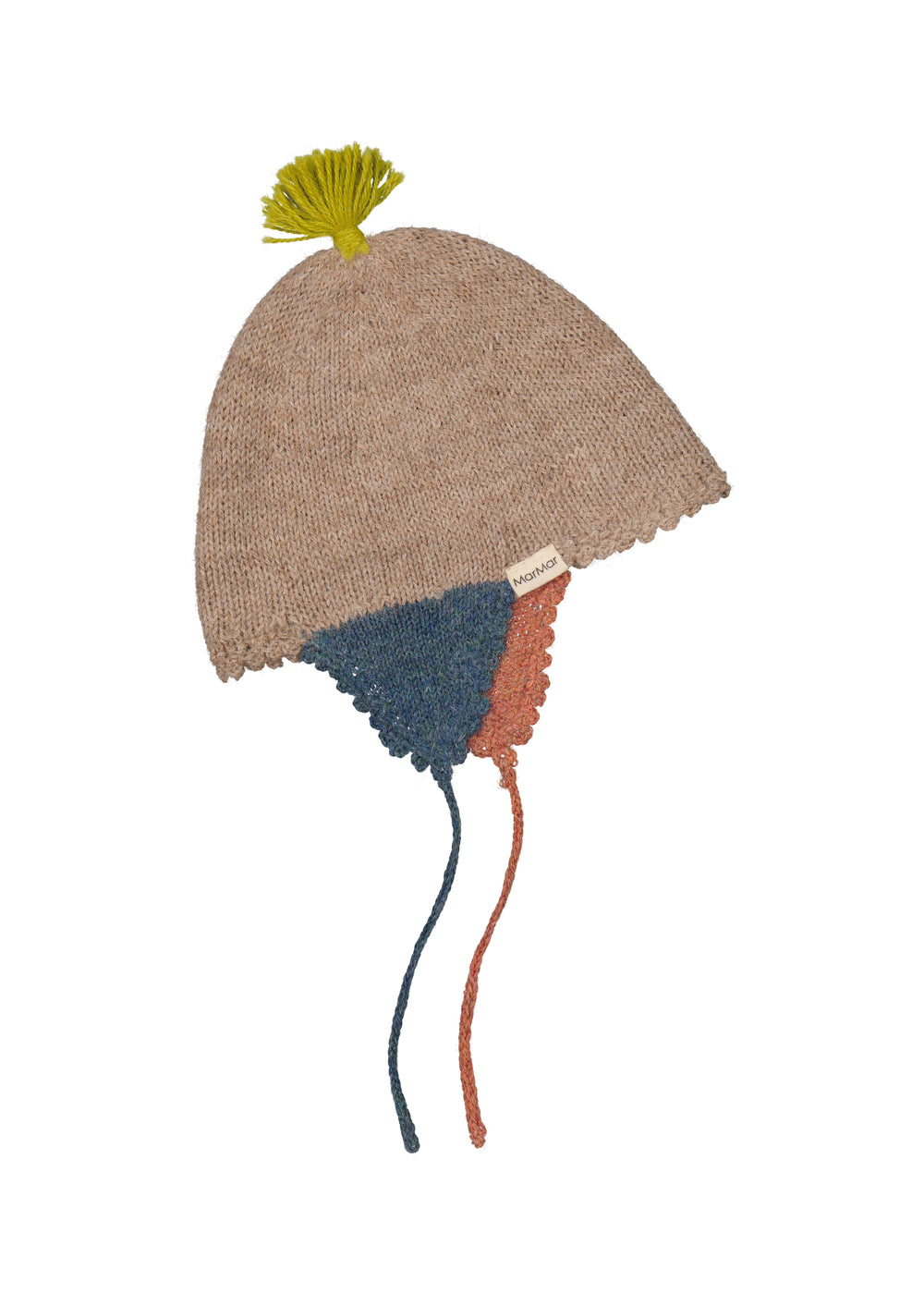 Uldhue til baby i beige med grøn kvast og bindebånd