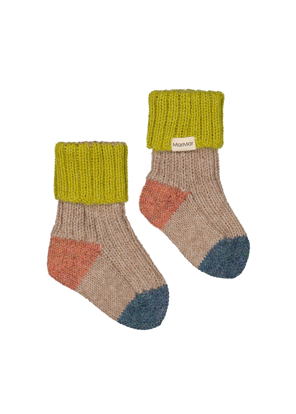Uldstriksokker til børn i beige med grøn rib, orange hæl og blå tå
