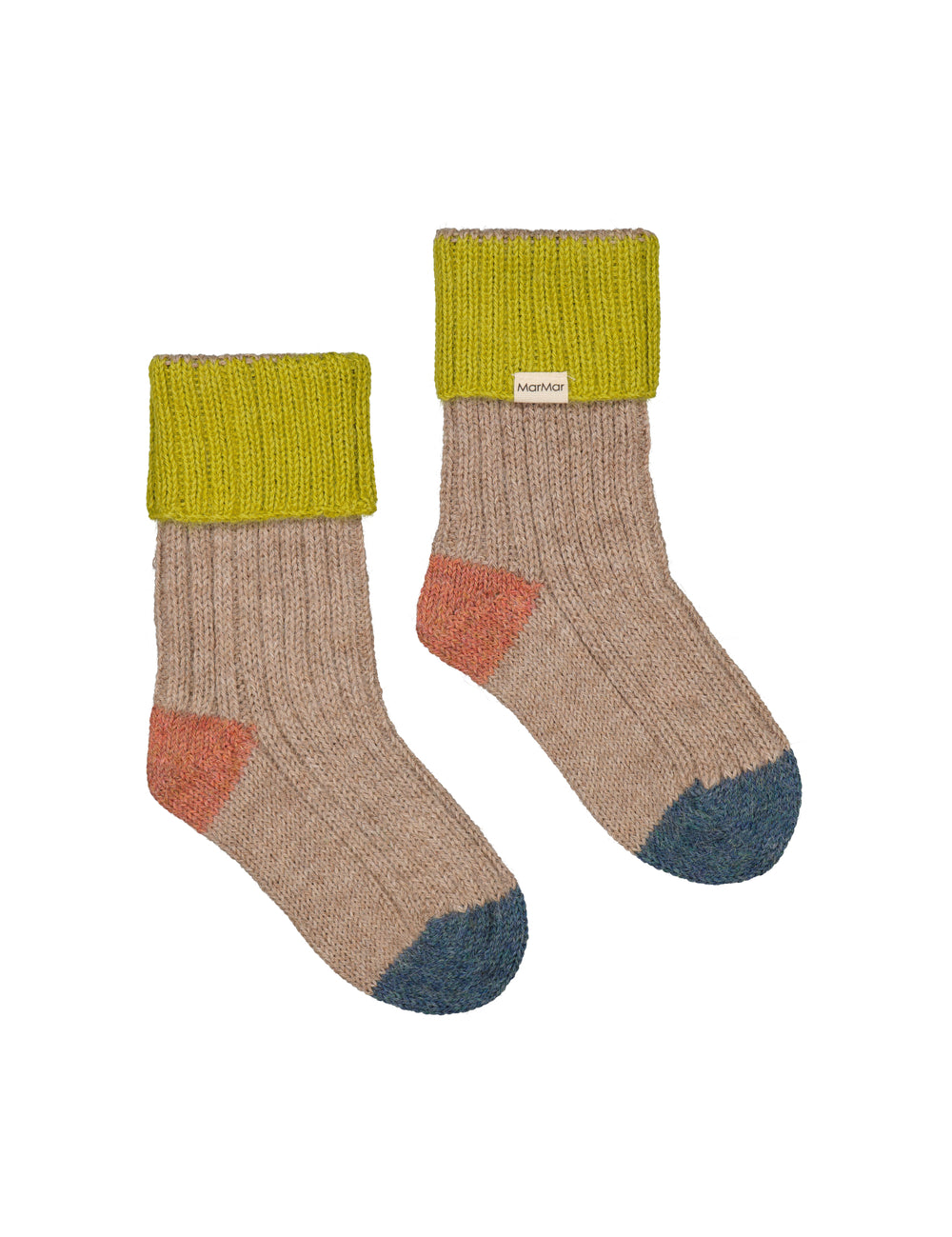 Uldstriksokker til børn i beige med grøn rib, orange hæl og blå tå