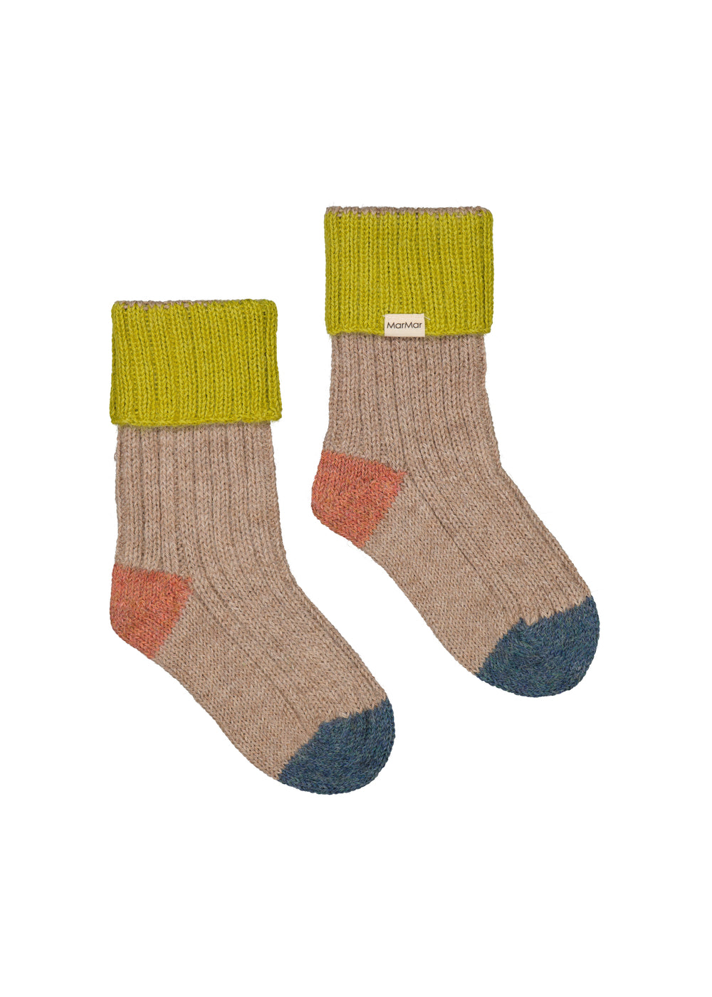 Uldstriksokker til børn i beige med grøn rib, orange hæl og blå tå