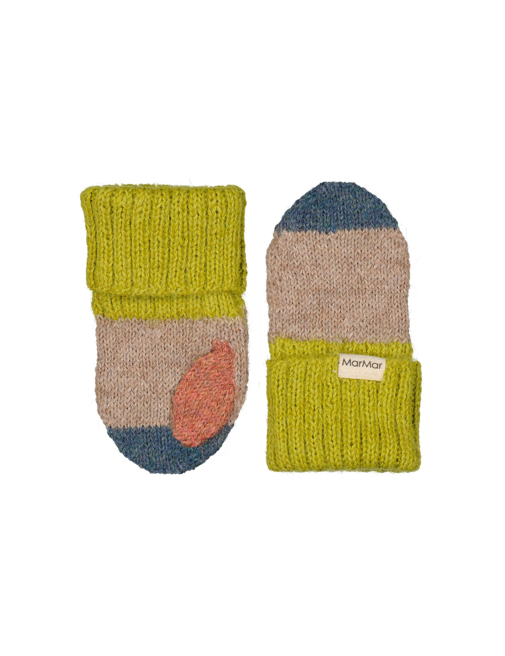 Uldluffer til børn i beige med grøn rib, orange detalje og blå spids