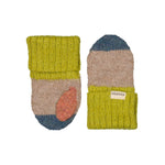 Uldluffer til børn i beige med grøn rib, orange detalje og blå spids