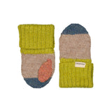 Uldluffer til børn i beige med grøn rib, orange detalje og blå spids