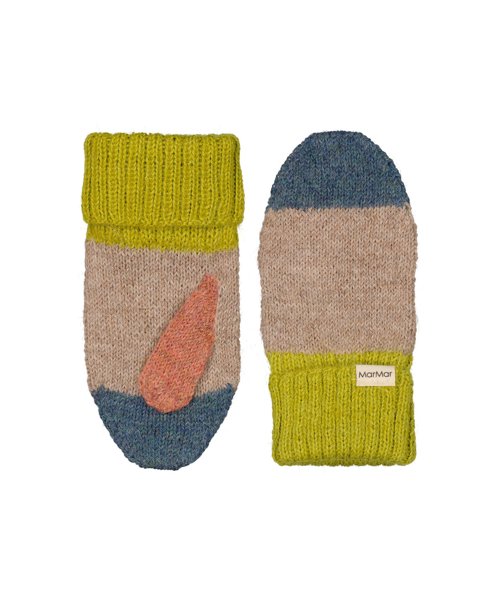 Uldluffer til børn i beige med grøn rib, orange detalje og blå spids