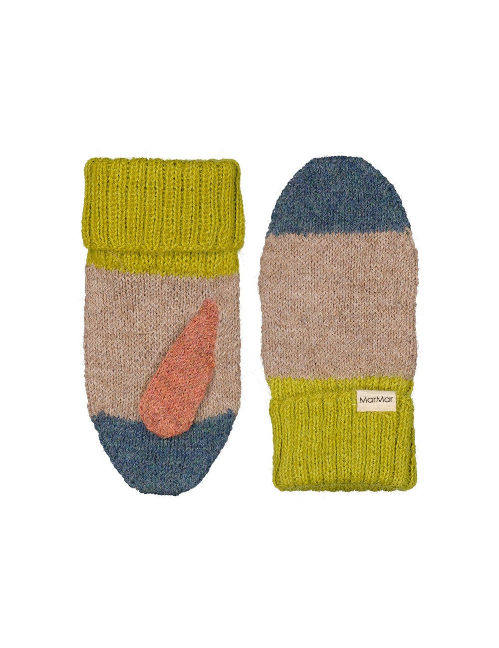 Uldluffer til børn i beige med grøn rib, orange detalje og blå spids