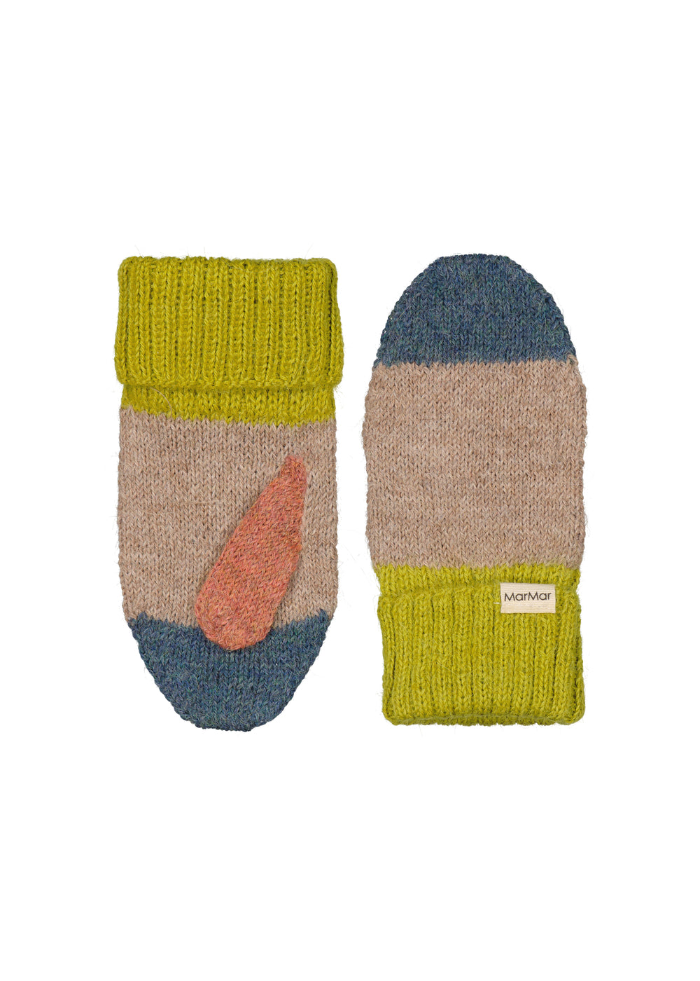 Uldluffer til børn i beige med grøn rib, orange detalje og blå spids