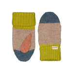 Uldluffer til børn i beige med grøn rib, orange detalje og blå spids