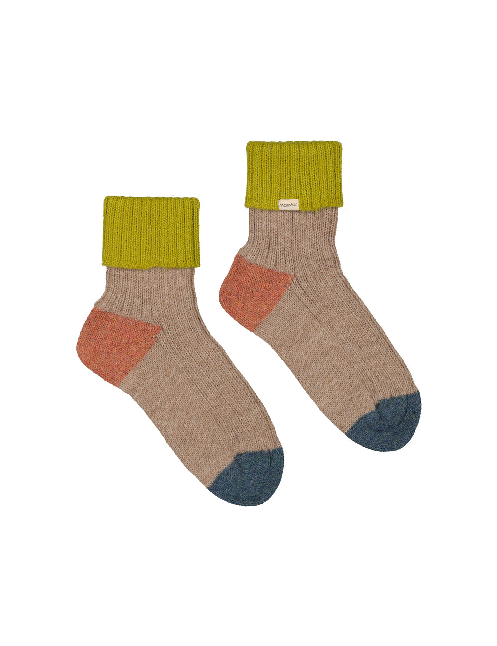 Uldstrømper til børn og kvinder i beige med grøn rib, orange hæl og blå tå