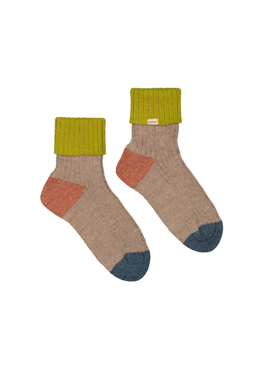 Uldstrømper til børn og kvinder i beige med grøn rib, orange hæl og blå tå