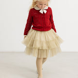 Cherry red knitted children's cardigan with button closure and collar edge