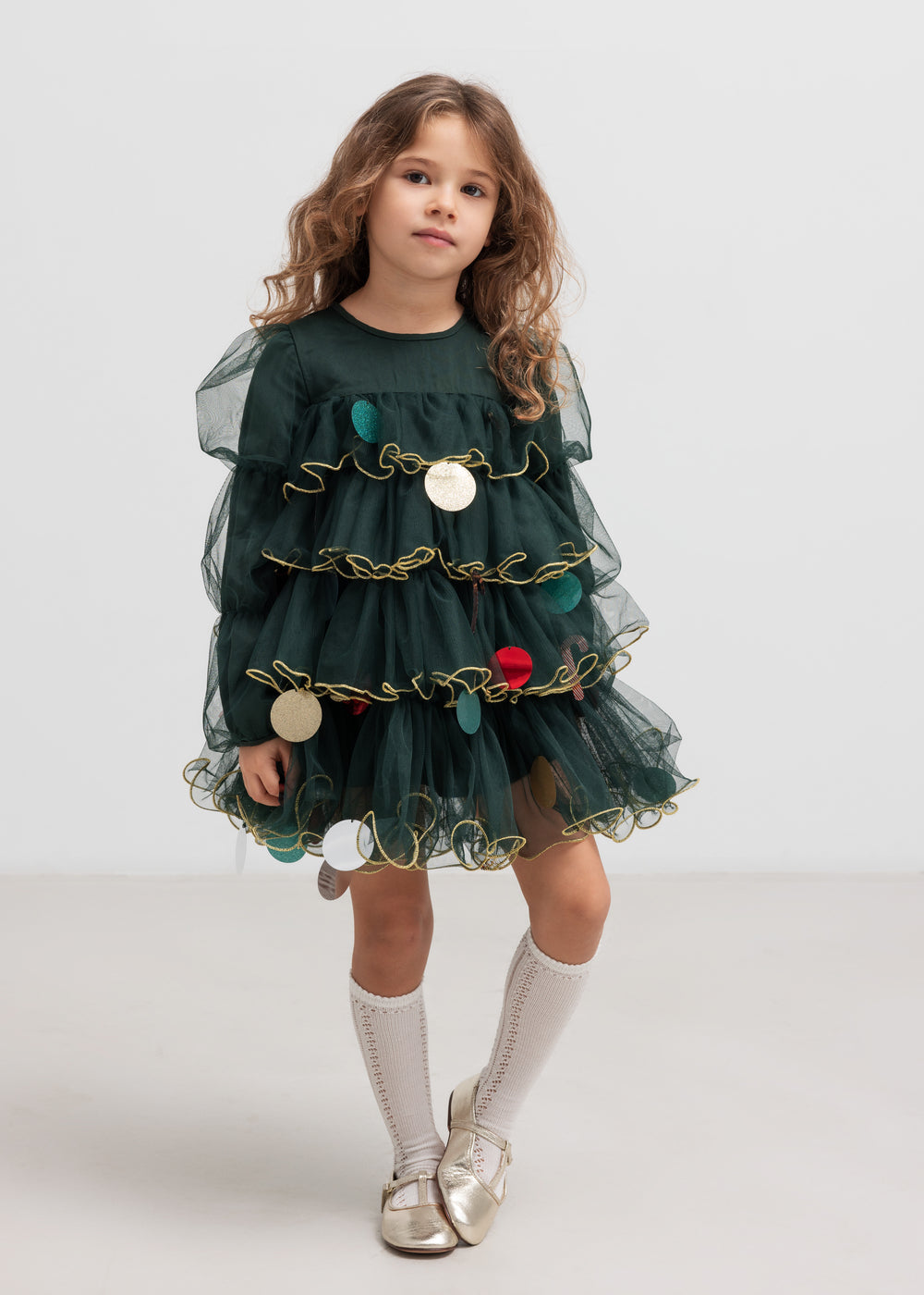 green xmas dress Long Sleeve Tulle Dress With Volume – Dark Green Color – MarMar Copenhagen