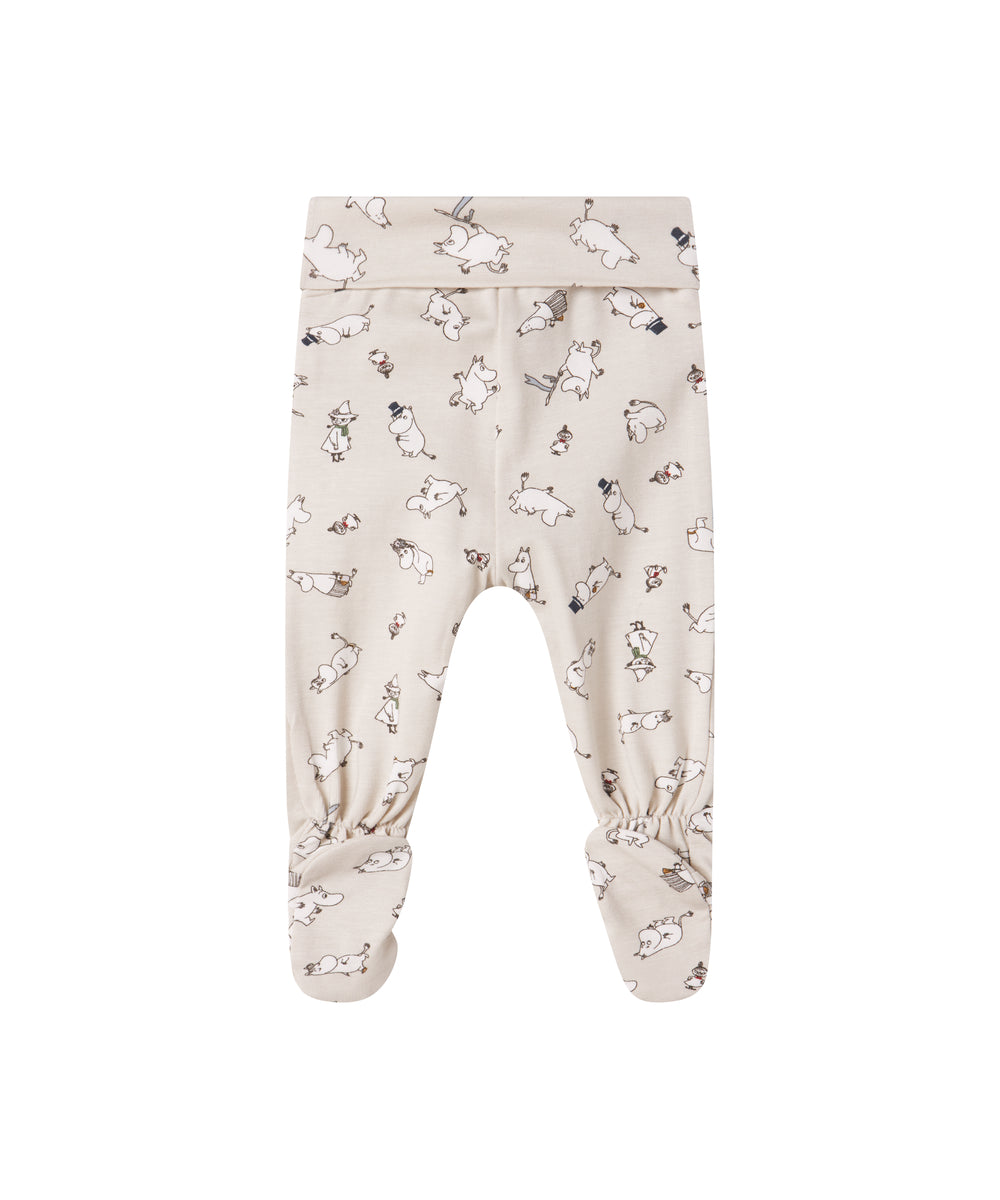 Babybukser med fødder i lyst stof med Moomin-print