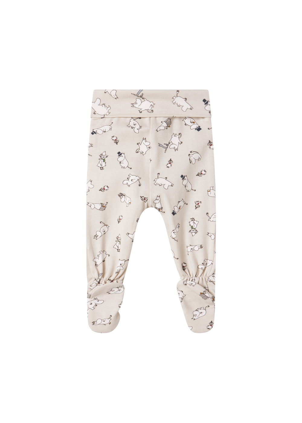Babybukser med fødder i lyst stof med Moomin-print