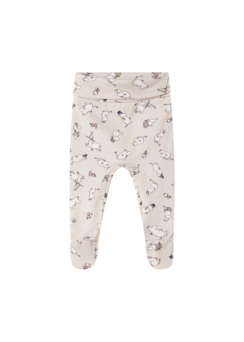 Babybukser med fødder i lyst stof med Moomin-print
