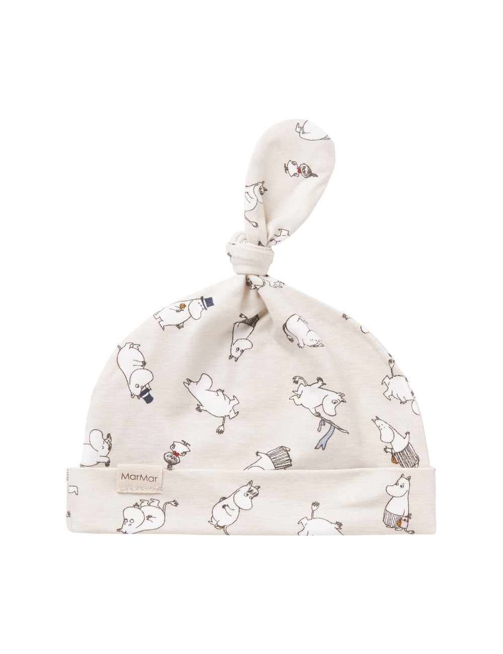 Babyhue med Moomin-print i lyse farver og knude på toppen