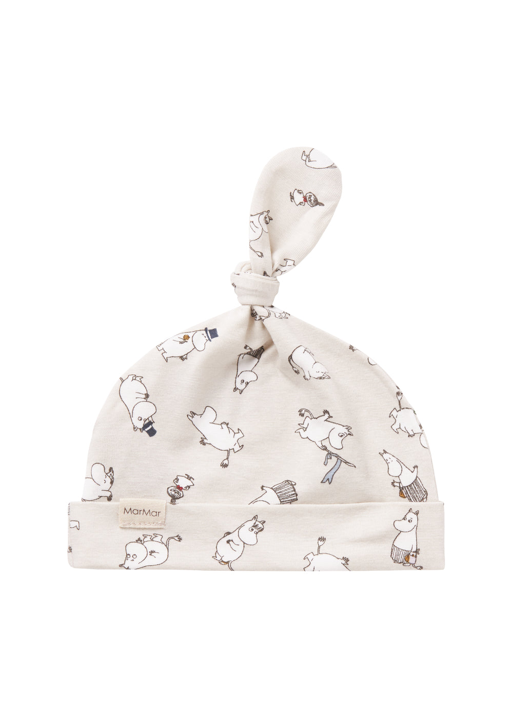 Babyhue med Moomin-print i lyse farver og knude på toppen