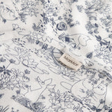 Baby blanket with Moomin print, rounded corners, and picot edges.