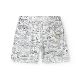 Shorts for children with a fine Moomin print, wide elastic, and ties at the waist.