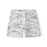 Shorts for children with a fine Moomin print, wide elastic, and ties at the waist.