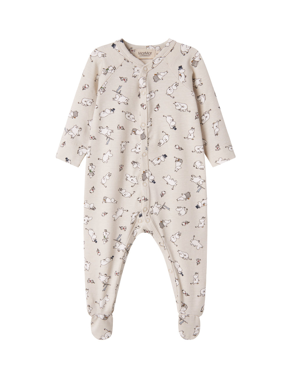 Baby's jumpsuit with long sleeves, snaps, mittens and Moomin print in bright colors