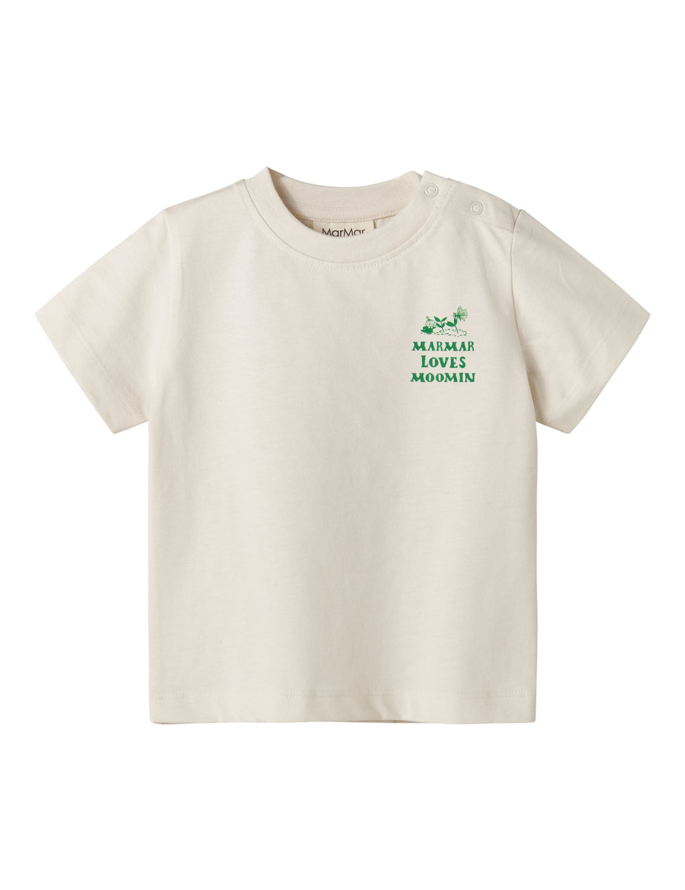 Raw white T-shirt with green Moomin print for baby