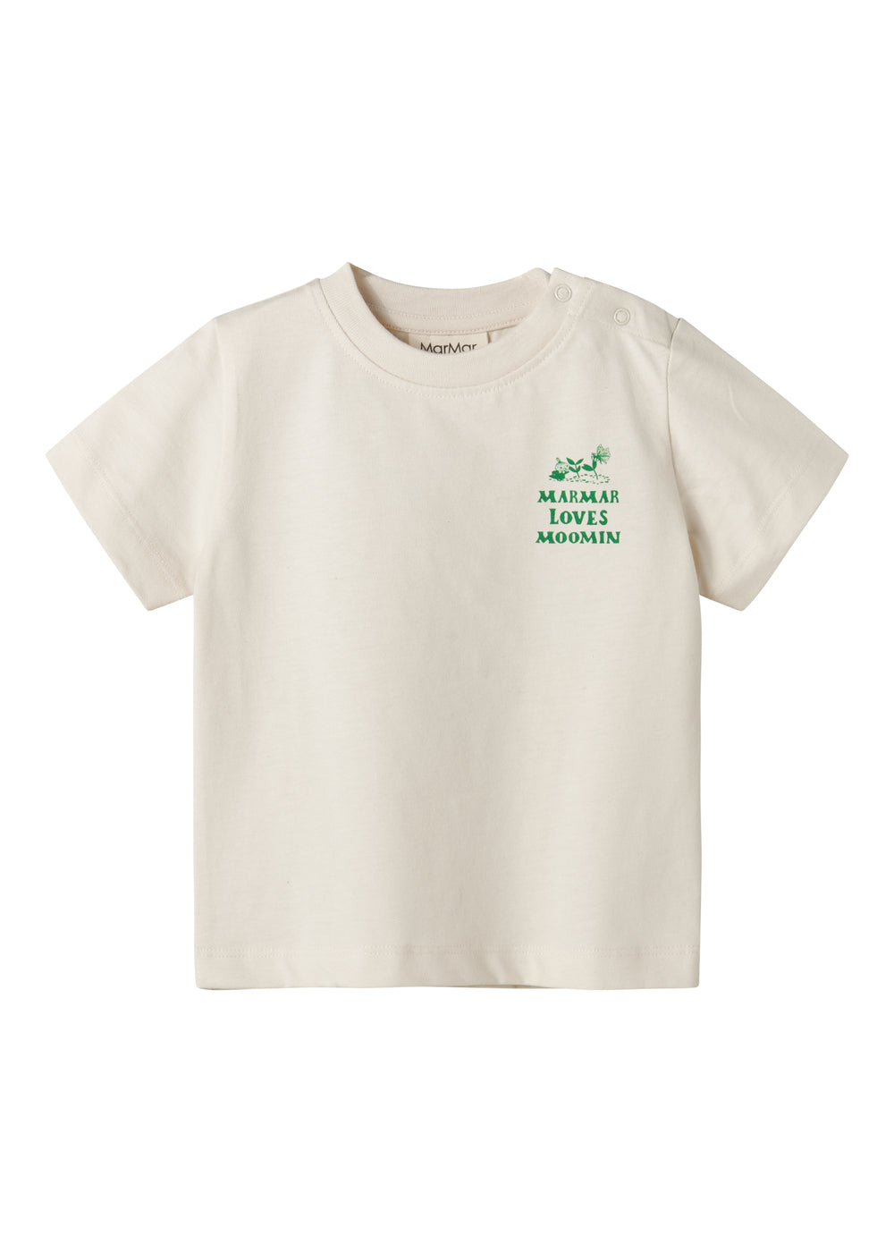 Raw white T-shirt with green Moomin print for baby