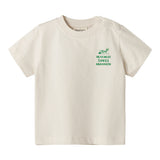 Raw white T-shirt with green Moomin print for baby