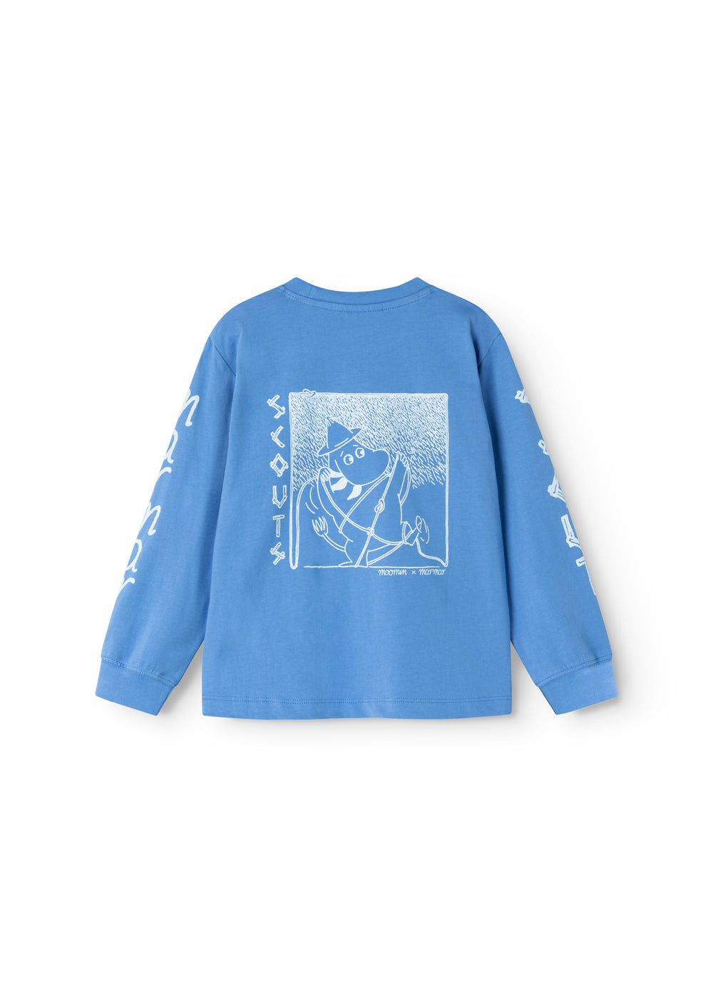 Blue long-sleeve blouse with a large square print on the back.