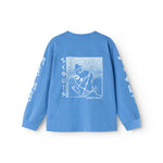 Blue long-sleeve blouse with a large square print on the back.